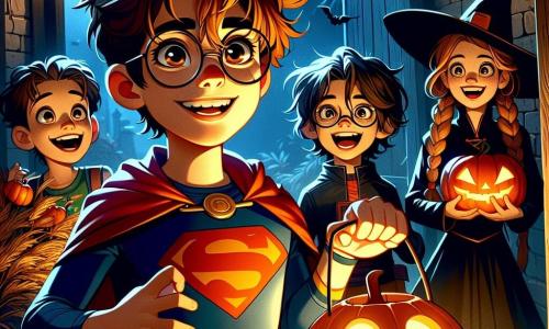 Um garoto de 10 anos, chamado João, está no centro do palco, com cabelos castanhos bagunçados e um grande sorriso no rosto, iluminado pela luz de uma lanterna que ele segura na mão. Ele usa um traje de super-herói colorido, com uma capa vermelha esvoaçando atrás dele, e seus olhos brilham de excitação e curiosidade. Ao lado dele, sua melhor amiga Ana, uma menina de 10 anos com cabelos longos e loiros trançados, veste um traje de bruxa preto com um chapéu pontudo. Ela observa ao redor com um misto de apreensão e admiração, segurando uma pequena abóbora decorada em seus braços. Ao fundo, Pedro, um garoto de 10 anos com óculos e cabelos castanhos, ri enquanto tenta levantar um velho pano que cobre um móvel, revelando uma sombra misteriosa. A cena se passa em uma velha casa abandonada, com paredes de madeira desgastadas e janelas empoeiradas. Teias de aranha pendem nos cantos, e lanternas em forma de abóbora estão penduradas, projetando uma luz acolhedora e festiva. O chão está coberto de folhas secas, acrescentando um toque de Halloween à atmosfera. A situação principal mostra os três amigos descobrindo a casa misteriosa, prontos para viver uma aventura emocionante, cercados por decorações de Halloween e uma atmosfera mágica, enquanto uma silhueta amigável, a de Dona Lúcia, se perfila ao fundo, pronta para recebê-los.