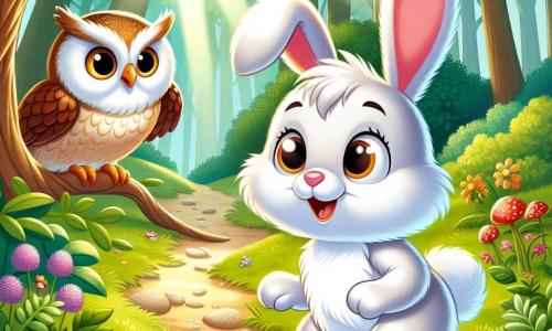 A little rabbit named Benny, with fluffy white fur and large upright ears, stands at the edge of a path in an enchanted forest. His eyes shine with excitement and his pink nose twitches with anticipation. Nearby, a wise owl with brown and golden feathers perches on a branch, watching Benny with a kindly gaze. The ground is covered in colorful flowers, and rays of sunlight filter through the green leaves, creating a play of shadows in the clearing. Benny, ready to venture forth, gazes at the mysterious path stretching out before him, filled with promises and magic.
