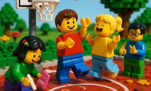 Sechsjähriger Ben, braun kurzhaarig, lächelnd und konzentriert, wirft begeistert einen orangefarbenen Basketball; etwa fünfjährige Leni mit runder, sommersprossiger Stirn und blonder Pferdeschwanz springt lachend rechts von ihm; etwa sechsjährige Mina mit schwarzen Haaren und bunten Haarklammern hält eine rosa Kreidenschachtel und zeichnet links einen großen weißen Kreis; etwa siebenjähriger Oskar mit eckiger Brille und ernst-fröhlichem Blick zählt an den Fingern am hinteren Rand des Kreises; Spiel auf einem kleinen LEGO-Basketballplatz mit rotziegelfarbigem, strukturiertem Boden, weißen Linien, weißem Metallkorb auf grauem Pfosten, verstreuten Kastanien und gelben Blättern; Ball fliegt zum Korb, Kreis ziert ein kleines Ohr- und ein lachendes Mundmotiv; bunte, kontrastreiche, leicht überzeichnete freundliche Mimik, spätnachmittagshelle Beleuchtung, klarer blauer Himmel mit wenigen weißen Wolken.