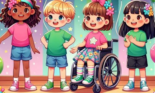 Quatro meninas alegres, com cerca de 10 anos, estão em um palco colorido em uma escola. Sofia, com cabelos castanhos ondulados, usa uma camiseta rosa e shorts jeans, sorrindo confiante e pronta para dançar. Clara, com cabelos loiros curtos, veste uma regata azul vibrante e uma saia florida, levantando os braços com entusiasmo. Joana, com cabelos castanhos trançados, está de camiseta verde e calças pretas, olhando para as amigas com admiração e determinação. Ana, com cabelos lisos e negros, sentada em uma cadeira de rodas decorada com adesivos coloridos, aplaude as amigas com um grande sorriso, incentivando-as. O palco de madeira é decorado com luzes e balões coloridos, enquanto um público entusiasmado aplaude ao fundo. As meninas se preparam para apresentar sua dança, um momento de autoconfiança e amizade, prontas para mostrar seus talentos diante de colegas e familiares.