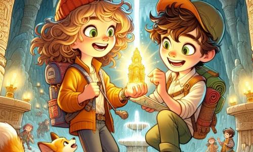 Valeria, una joven exploradora de 12 años, está en el centro de la imagen, con cabello rizado y castaño, y ojos verdes llenos de curiosidad. Lleva una mochila colorida llena de mapas y herramientas de exploración, y su rostro expresa una alegre determinación mientras observa un antiguo amuleto brillante que acaba de descubrir. A su lado, Tomás, su amigo de 12 años, tiene cabello castaño y una gorra de estilo aventurero. Sonríe con entusiasmo, sosteniendo un mapa en sus manos, listo para ayudarla a descifrar los misterios de la montaña. Sol, un pequeño zorro de pelaje dorado, corre alegremente alrededor de ellos, añadiendo un toque de magia a la escena. El fondo es una gran sala interior de La Montaña Perdida, con paredes adornadas con grabados antiguos y luces doradas que iluminan el camino. Estalactitas brillantes cuelgan del techo, y un gran pedestal de piedra se erige en el centro, sobre el cual descansa el amuleto brillante. La situación principal muestra a Valeria y Tomás, maravillados, descubriendo el antiguo amuleto, símbolo de su valentía y amistad, mientras están listos para enfrentar los misterios que les esperan en esta increíble aventura.