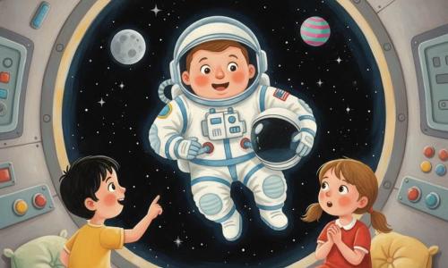 Un hombre llamado Miguel, astronauta sonriente y maravillado con casco bajo el brazo y traje espacial blanco con franjas azules, flota junto a una gran ventana circular; a su derecha una niña de unos 5 años con coletas y vestido rojo, sentada en un cojín con las manos juntas y ojos abiertos mirando las estrellas; a su izquierda un niño de unos 6 años con pelo corto negro y camiseta amarilla señala una pequeña planeta de colores; el interior es una cabina espacial redonda con paredes metálicas, botones y cojines, y fuera se ve un cielo negro estrellado, una luna gris y una planeta rayada rosa y turquesa, escena cálida y luminosa centrada en los rostros maravillados y la ventana al espacio.