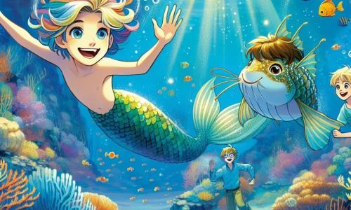 Eine fröhliche Meerjungfrau namens Mira schwimmt im kristallklaren Glitzermeer. Sie hat lange, bunte Haare, die wie Regenbögen funkeln, und einen wunderschönen Wels mit goldenen Schuppen. Ihr Gesicht strahlt mit einem großen Lächeln, und sie winkt ihren Freunden zu, sie zum Unterwasser-Tanz einzuladen. Neben ihr schwimmt ein 10-jähriger Junge namens Felix mit zerzausten braunen Haaren und neugierigen Augen. Er trägt eine blaue Badehose und ist von der Schönheit des Meeres begeistert. Ein weiterer Junge, Tim, ebenfalls 10 Jahre alt, mit blonden Haaren und schüchternem Blick, beobachtet sie lächelnd und ist bereit, sich dem Abenteuer anzuschließen. Der Ort ist ein magischer Ozean, in dem sich farbenfrohe Korallen bis zum Horizont erstrecken, beleuchtet von Sonnenstrahlen, die durch das Wasser filtern. Bunte Fische schwimmen um sie herum, und Luftblasen treiben sanft an die Oberfläche. Die Hauptsituation zeigt Mira und Felix, die fröhlich unter Wasser tanzen, während Tim etwas im Hintergrund steht und sich darauf vorbereitet, ihnen beizutreten, umgeben von lustigen Meeresbewohnern und einer festlichen Unterwasseratmosphäre.