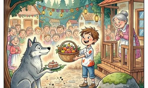 Bambino di 6 anni, capelli castani spettinati, occhi ridanciani, largo sorriso e macchie di marmellata sulla camicia, porge un grande cesto di frutti colorati al lupo; grande lupo grigio dagli occhi dolci, pelo tratteggiato a inchiostro, postura calma e accogliente, serve dolci su una grande foglia seduto vicino a una grossa pietra; donna di circa 60 anni, capelli grigi raccolti in chignon, abito a fiori, sorride sul portico con le mani conserte; piazza del villaggio al margine di una foresta, pavé irregolari, case di legno pastello, ghirlande di fiori e lanterne, alberi scuri e fogliame verde smeraldo che incorniciano; scena di festa conviviale in cui il bambino presenta il lupo ai paesani, atmosfera calda, gesti amichevoli, colori vivaci, contorni a inchiostro nero e lavaggi colorati per i dettagli.
