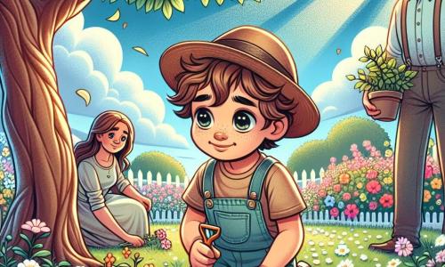 A 7-year-old boy with curly brown hair and sparkling eyes wears a worn hat and smiles gently while holding a small shovel. He sits under a large apple tree, surrounded by colorful flowers, with a sweet melancholy expression as if reminiscing about precious memories. Next to him, his mother, a woman in her thirties with long brown hair, wears a light dress and looks at her son tenderly, a slight smile on her lips, while holding a small potted plant. A little further away, his father, a man in his thirties with a light beard and gentle eyes, leans down to plant a flower, showing an air of serenity and support. The scene takes place in a sunny garden filled with bright colors, featuring flowering trees and a blue sky dotted with fluffy white clouds. The majestic apple tree provides gentle shade, and the ground is scattered with flower petals. The main situation shows the boy and his parents planting flowers together, symbolizing a tribute to his grandfather while sharing joyful and moving memories, creating a moment of family connection and comfort.