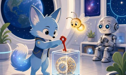 Personaje principal: un pequeño animal fantástico parecido a un zorro de orejas puntiagudas, pelaje azul suave y cola brillante, expresión atenta y orgullosa, que sostiene una llave roja y la coloca delicadamente en una caja transparente; secundario: una luciérnaga amiga, pequeña y dorada, vuela sobre el hombro del zorro con luz cálida y ojos alegres iluminando la caja; otro secundario: un robot miniaturizado de metal pulido y ojos de vidrio sentado en una estantería baja al fondo, con mirada feliz y aliviada observando la escena; lugar: interior de un observatorio futurista con suelo gris pálido, paredes blancas con paneles luminosos, grandes ventanas circulares que muestran una Tierra azul, macetas redondas y pantallas coloridas con estrellas; situación: momento calmado y solemne en que el niño-lector ve la llave volver a su lugar — la mano posa la llave con un pequeño clic, luz suave y ambiente de responsabilidad y reparación del tiempo.
