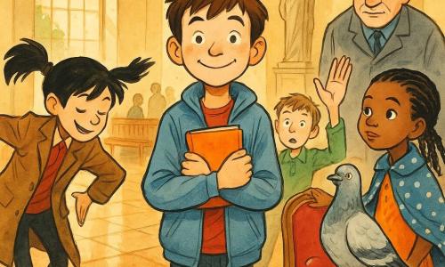 Lucas, un niño de 10 años, sonriente y aliviado, pelo castaño despeinado, con chaqueta azul clara, sostiene cerca del pecho un cuaderno naranja y mira al público; a su izquierda Nora, también de 10 años, enérgica, con coleta negra y una chaqueta vieja demasiado grande, hace una reverencia teatral; a su derecha Dani, de 10 años, tranquilo y torpe, pelo castaño corto y camisa verde, levanta la mano en gesto cómico como si confesara una travesura; Amina, de unos 10 años, curiosa y orgullosa, con trenzas y una capa corta de lunares, está junto a una silla de terciopelo rojo con la mano en el respaldo; detrás, el conserje Sr. Roque, unos 50 años, serio pero amable, cejas tupidas y bata gris, observa con media sonrisa; en la silla está posada una paloma blanco-gris de plumas algo despobladas, con gesto teatral; lugar: gran vestíbulo del ayuntamiento de paredes crema, suelo de baldosas brillantes, estatua al fondo y bancos con algunos espectadores, luz cálida de tarde por una ventana alta; situación: los cuatro niños representan una pequeña obra alegre ante un público sorprendido; la paloma provocó un pequeño incidente con un megáfono sobre una mesa; ambiente divertido y acogedor, gestos exagerados y risas contenidas.