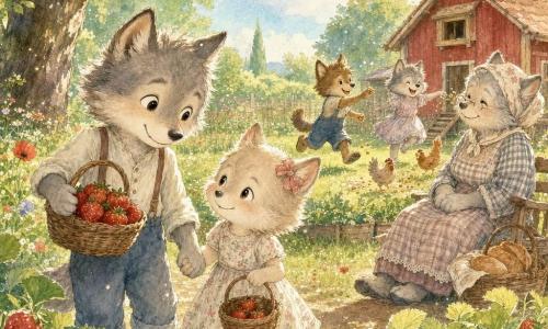Un giovane lupo antropomorfo grigio chiaro, pelo soffice, occhi grandi e benevoli e sorriso tenero, tiene delicatamente un piccolo cesto di fragole rosse e succose; accanto a lui una bimba lupa più piccola dal pelo crema, sguardo timido e gioioso, in un vestitino leggero a fiori con il cesto quasi vuoto, tiene la mano del giovane lupo. Sullo sfondo due cugini lupi (ragazzo energico e ragazza ridente) dal pelo bruno e grigio corrono ridendo verso un pollaio colorato lanciando mais alle galline; la nonna lupa anziana e dolce in abito a quadri sorride seduta su una panca vicino a un cesto pieno di pane, guardando i bambini con affetto. Ambientazione: fattoria estiva illuminata da luce dorata, prato verde con papaveri, un grande albero ombroso, un orto con file di fragole e un piccolo pollaio di legno rosso sotto un cielo azzurro punteggiato da nuvole soffici. Situazione principale: momento tenero dopo la raccolta delle fragole — il giovane lupo aiuta la piccola a riempire il cesto, atmosfera calma e gioiosa, gesti dolci e complici, composizione incentrata sul loro legame affettuoso.