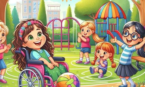 Em um parque ensolarado, uma menina de seis anos chamada Lila, com cabelos cacheados e castanhos, sorri alegremente em sua cadeira de rodas colorida, cercada por flores vibrantes. Ao lado dela, Sofia, uma menina de seis anos com cabelos loiros e trançados, levanta os braços, pronta para pegar a bola. Mia, outra menina de seis anos com cabelos castanhos e óculos, ri enquanto faz uma dança divertida, enquanto Ana, uma menina com cabelos negros e lisos, aplaude com entusiasmo. O parque está cheio de verde, com árvores majestosas, flores multicoloridas e um grande espaço de recreação onde as crianças se divertem. Ao fundo, vê-se um escorregador e balanços, acrescentando à atmosfera alegre. A cena principal mostra Lila, sorridente, como juíza do jogo, explicando as regras para seus amigos, enquanto se divertem passando a bola e dançando, todos unidos na alegria e inclusão.
