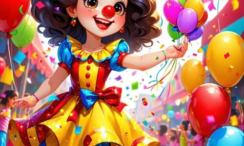Una niña de 2 años, Luna, con grandes ojos brillantes y una sonrisa radiante, lleva un vestido brillante de colores vivos. Ella baila alegremente en medio de un carnaval, rodeada de globos multicolores y confeti que vuela por el aire. Junto a ella, un payaso de cabello rizado y colorido, con una nariz roja y una gran sonrisa, le ofrece una flor mágica. Él parece amigable y divertido, y está riendo. Al fondo, una mariposa gigante con alas brillantes vuela alrededor, añadiendo un toque de magia a la escena. El lugar es una calle animada, decorada con guirnaldas luminosas y puestos de golosinas, donde la gente lleva disfraces brillantes. Luna, llena de energía y felicidad, baila y canta, rodeada de la alegría y los colores del carnaval.