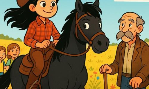 Una giovane cow-girl, Maya, sta in piedi con orgoglio sul suo cavallo nero di nome Fulmine, con un sorriso determinato sul volto. Indossa un cappello da cowboy inclinato, una camicia a quadri rossa e pantaloni di pelle marrone, i suoi lunghi capelli neri fluttuano nel vento. Accanto a lei, un vecchio signore con lunghe baffi grigi, vestito con una giacca di pelle usurata, la guarda con ammirazione, tenendo un bastone di legno. Dietro di loro, una prateria dorata si estende a perdita d'occhio, punteggiata di fiori selvatici colorati, sotto un cielo azzurro chiaro con alcune nuvole bianche. La scena mostra Maya che guida un gruppo di visitatori curiosi attraverso un ponte di legno, mentre una leggera brezza solleva la polvere intorno a loro, creando un'atmosfera di avventura e camaraderie.