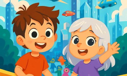 A 6-year-old boy named Oliver, with messy brown hair and large, curious eyes, stands on the edge of a balcony, a look of wonder on his face. Next to him is a girl his age, Luna, with shimmering silver hair and sparkling star-like eyes; she raises her hand to invite him to explore the city. Their balcony overlooks the futuristic city of Skyhaven, where sparkling glass skyscrapers float in the clouds, and brightly colored flying cars leave glowing trails in the blue sky. Below, bustling streets are filled with people of all shapes and sizes, as well as robots and aliens with fantastic appearances. The scene shows Oliver and Luna ready to embark on a grand adventure, their faces lit up with excitement as they prepare to dive into the magic of this vibrant city.