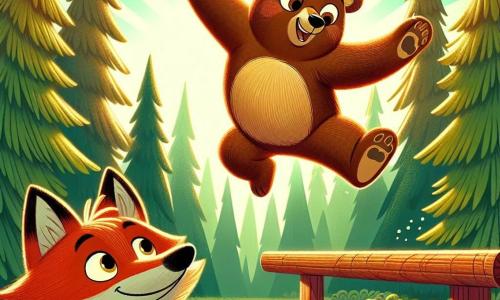 A young brown bear named Oliver, with soft and shiny fur, is performing an impressive leap on a wooden balance beam, his face radiating joy and focus. His paws are extended, and his eyes sparkle with excitement as he jumps into the air. Nearby, a clever fox named Felix, with bright red fur and mischievous eyes, encourages him with a big smile, his paws raised in applause. He stands on the ground, ready to cheer for his friend, his bushy tail waving behind him. The scene takes place in a sunny clearing in the Evergreen forest, surrounded by tall trees with vibrant green leaves, with rays of sunlight filtering through the branches, creating a warm and welcoming atmosphere. Oliver showcases his gymnastics talent while Felix, full of energy, enthusiastically cheers him on, illustrating the spirit of friendship and camaraderie in this friendly competition.