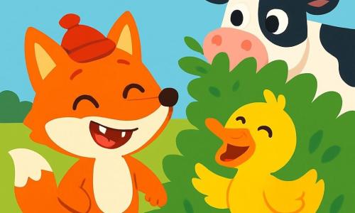 A cheerful fox with bright orange fur and a bushy tail stands in the center of the image, wearing a funny red hat. Its face is lit up by a big smile, showing its small white teeth. Next to it, a funny duck with yellow feathers and colorful socks waddles, laughing heartily. In the background, a black and white cow with big round eyes is stuck in a bush, with green leaves tickling its nose. The setting is a green field under a clear blue sky, dotted with fluffy clouds. The scene depicts the fox and the duck helping the cow out of the bush, all laughing together in a joyful and friendly atmosphere.