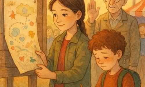 A focused, kind 10-year-old girl, Maya, with brown braided hair and a light khaki jacket, delicately holds a large folded map with frayed edges; beside her a shy, blushing 8-year-old boy, Jamie, with curly chestnut hair and a small green backpack with a compass patch, looks down holding a pencil and an ink-stained sketch page; an about-65-year-old Mr. Percy, with a wrinkled face, round glasses and a beige work jacket, stands slightly back by a blue metal booth raising his hand as if explaining, tools and screws visible at his belt; the scene is at a fairground market bulletin board—a worn wooden board nailed to a fence with colorful bunting and red-and-white striped tents in the background, a nearby table with cake crumbs and a small blue technical cabin faintly smoking; Maya is pinning the map to the board while children and a few smiling adults watch, the map edged with colorful drawings and stickers, the mood soft and orderly with golden sunset light, rendered in gentle watercolor strokes and grainy textures.