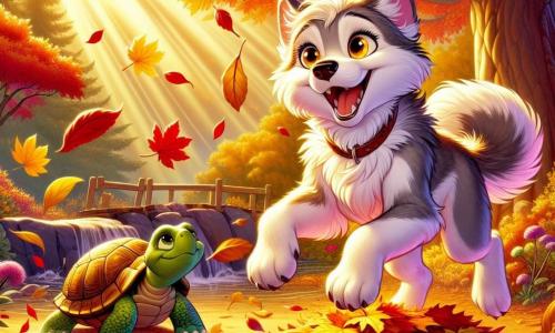Lila, a young wolf with bright eyes and a soft, silky coat, joyfully stands in an autumn garden, surrounded by gently falling golden and red leaves. She has a radiant smile and seems full of energy, bouncing in a pile of crunchy leaves. Nearby, Oliver, an old turtle with a marbled shell and wise eyes, watches Lila with a benevolent smile. He sits on a stone, surrounded by small wildflowers, clearly amused by the wolf's antics. The garden is bathed in golden light, with a majestic oak at the center, its branches laden with colorful leaves. Sunbeams pierce through the foliage, creating dancing shadows on the ground. The main scene shows Lila playing in the leaves, laughing and having fun, while Oliver shares stories about autumn legends, creating a magical and warm atmosphere.