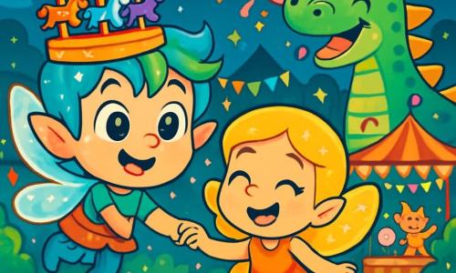 A little sprite named Twink, with shimmering star-like wings and vibrant blue and green hair, smiles in wonder as he joyfully floats above a sparkling lake. He wears a carousel-shaped hat adorned with mini colorful horses that spin around. Next to him, his friend Glimmer, another sprite with golden wings, laughs with sparkling eyes, holding Twink's hand. In the background, a friendly dragon named Puff, with shiny scales and a big smile, blows pink bubblegum that floats in the air, bursting into colorful confetti. The setting is a magical carnival filled with twinkling lights, candy stands, and festive creatures dancing around them, creating a joyful and vibrant party atmosphere. The scene captures the moment when Twink and his friends gather by the lake, surrounded by the excitement and magic of the carnival.