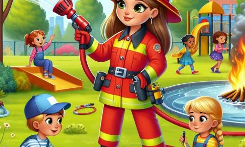 Valeria, una valiente bombera, lleva un uniforme rojo brillante y un casco amarillo. Su rostro expresa determinación y bondad mientras usa una manguera grande para apagar un pequeño fuego en el parque. Cerca, Lucas, un niño de 8 años con una gorra azul, observa con admiración, mientras sostiene un dibujo de un plan de evacuación. Ana, una niña de 7 años con trenzas rubias, está sentada en la hierba, dibujando flechas que indican las salidas de emergencia. El parque está lleno de colores vivos, con árboles verdes, flores brillantes y un tobogán al fondo. Los niños juegan alrededor, pero la atención se centra en Valeria y el fuego que apaga. La escena muestra a Valeria en acción, apagando el fuego y enseñando a los niños sobre la seguridad contra incendios, creando un ambiente de aprendizaje y aventura.