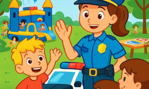 A smiling police officer, Officer Jenny, stands in the center of a sunny park, wearing a bright blue uniform with a shiny badge glinting in the sun. She has brown hair tied in a ponytail and a warm, welcoming expression. She proudly shows her police car, with flashing lights and a siren, to a group of children. Among them is a 7-year-old boy named Tommy, with messy blonde hair and sparkling curious eyes, raising his hand and smiling, fascinated by the car. He wears a red t-shirt and blue shorts, standing right next to Officer Jenny. The park is filled with vibrant colors: balloons float in the air, children play around a bouncy castle shaped like a police car, and tables are decorated with coloring books and games. Lush green trees line the park, and the sky is a bright blue with a few white clouds. The scene shows Officer Jenny explaining to the children how to cross the street safely, while Tommy listens attentively, wide-eyed, absorbing every word.
