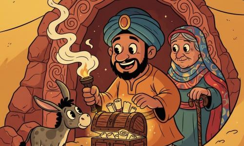 Samir, homem sorridente e emocionado, rosto redondo, pele bronzeada, barba curta preta, olhos brilhantes, veste túnica ocre e turbante azul; segura uma tocha fumegante e abre delicadamente um pequeno cofre de madeira talhada; Aisah, mulher idosa de cerca de 70 anos, cabelos grisalhos sob um véu colorido, rugas suaves e olhar benevolente, está atrás, apoiada numa bengala ornamentada; ao lado de Samir um jumento pequeno de orelhas grandes e pelo cinzento manchado cheira o cofre; tudo se passa numa caverna entre duas altas dunas douradas, paredes de pedra com veias vermelhas e areia fina no chão, a luz da tocha projeta sombras quentes enquanto pergaminhos antigos e um brilho suave saem do cofre, atmosfera de mistério e esperança, composição centrada, cores quentes e contrastes nítidos, texturas no madeira e tecido.