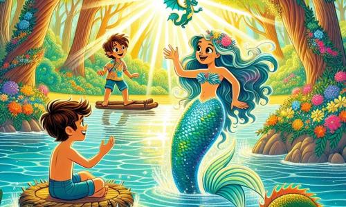 Uma sereia chamada Lila, com longos cabelos brilhantes como raios de sol e uma cauda azul-turquesa cintilante, nada alegremente em águas cristalinas, seu rosto radiante de felicidade. Ao lado dela, um garoto chamado Lucas, com cerca de 8 anos, cabelos castanhos bagunçados e uma camiseta colorida, observa maravilhado a sereia enquanto flutua em um pequeno bote feito de folhas e flores. Um dragão amigável chamado Fogo, com escamas douradas e olhos brilhantes, voa acima deles, suas asas cintilantes capturando a luz do sol. A cena acontece em uma floresta encantada, onde árvores majestosas com troncos torcidos cercam um lago cintilante, ladeado por flores multicoloridas que dançam ao vento. Raios de sol filtram-se através da folhagem, criando um jogo de luz mágica na água. A situação principal mostra Lila, Lucas e Fogo celebrando sua amizade e a descoberta de um artefato mágico, cercados pela beleza feérica da floresta, prontos para viver uma nova aventura juntos.