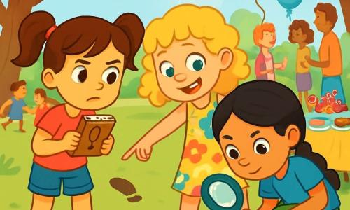 Há 3 personagens: - Sofia: uma menina de 7 anos com cabelo castanho preso em dois coques, vestindo uma camiseta rosa e um short de jeans. Ela segura um pequeno caderno de detetive e observa atentamente ao seu redor. - Lara: uma menina de 7 anos com cabelo loiro e cacheado, vestindo um vestido florido. Ela tem um sorriso travesso e aponta para uma pegada no chão. - Júlia: uma menina de 7 anos com cabelo preto trançado, vestindo uma camiseta azul e uma calça verde. Ela se inclina para examinar uma migalha de bolo no chão, com uma expressão concentrada. As três amigas estão em um parque ensolarado, decorado com bandeirinhas coloridas e balões flutuantes, com uma grande mesa cheia de bolos e doces ao fundo. A cena principal mostra as três pequenas detetives em plena investigação, procurando pistas para encontrar um bolo desaparecido, cercadas de risos e cores, com elementos de mistério como pegadas e migalhas de bolo, que adicionam um toque de aventura à sua missão.