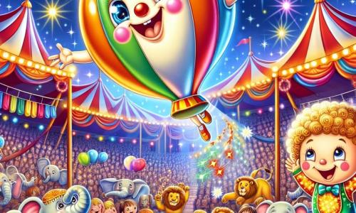 Ein fröhlicher Zirkusballon namens Bubbles, rund und bunt, mit einem großen Lächeln und funkelnden Augen, springt hoch in die Luft und lacht aus vollem Herzen. Neben ihm führt ein junger Akrobat namens Flip mit lockigem Haar und einem glänzenden, bunten Kostüm einen Salto aus und zeigt eine Ausdruck von Aufregung und Freude. Im Hintergrund findet die Szene in einem wunderschönen Zirkuszelt mit roten und weißen Streifen statt, geschmückt mit funkelnden Lichtern und staunenden Zuschauern, während neugierige Tiere wie Elefanten und Löwen gebannt dem Spektakel folgen. Bubbles lässt beim Springen farbige Tücher durch die Luft fliegen und schafft eine festliche und fröhliche Atmosphäre, während die Tiere und das Publikum begeistert applaudieren.
