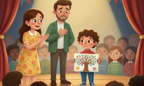 Un niño de 4 años, alegre pero algo tímido, sostiene contra el pecho su gran dibujo de un árbol multicolor; pelo castaño rizado, manchas de pintura en los dedos, jersey rojo y pantalones azules, ojos brillantes y sonrisa tímida; la madre, unos 30 años, sentada en primera fila aplaudiendo con una cálida sonrisa, vestido amarillo con flores y pelo largo castaño, mirada orgullosa; el padre, unos 32 años, de pie junto a ella con la mano en el pecho y expresión emocionada, chaqueta verde y barba corta, postura protectora inclinada hacia el niño; escena en un pequeño escenario escolar de madera con cortina roja con flecos, guirnaldas de papel y un foco cálido que ilumina al niño, público difuminado; el niño presenta su dibujo en un concurso escolar, orgulloso pero reservado, con texturas gruesas de pastel, colores vivos, trazos suaves y una atmósfera luminosa y tierna.
