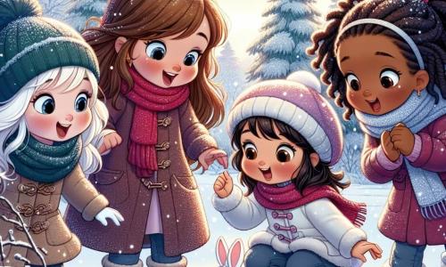 En un claro de nieve brillante, cuatro niñas de cinco años están juntas, sonriendo y alegres. Lucía, con largos cabellos castaños y una bufanda roja, observa a un pequeño conejo blanco que come ramitas. Sofía, con cabello rubio y rizado, lleva un gorro azul y saluda al conejo, con los ojos brillantes de emoción. Marta, con trenzas negras y un abrigo rosa, se agacha para dibujar corazones en la nieve con su dedo. Ana, con cabello castaño y un abrigo verde, se mantiene de pie, con los brazos extendidos, como si quisiera abrazar el invierno. El paisaje es un hermoso bosque nevado, donde los árboles están cubiertos de un espeso manto de nieve, y el suelo está salpicado de copos brillantes bajo el sol invernal. Los copos caen suavemente del cielo, añadiendo un toque mágico a la atmósfera. Las cuatro amigas descubren un pequeño conejo en la nieve, maravillándose de su presencia mientras juegan juntas en este decorado de ensueño, compartiendo risas y momentos de amistad.