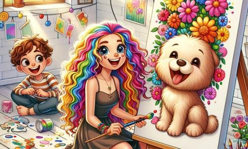 Mia, eine fröhliche Frau mit langen, lockigen Haaren in Regenbogenfarben, malt in ihrem hellen Atelier eine große Leinwand voller leuchtender Blumen. Ihr Gesicht strahlt vor Glück und Konzentration, während sie lebendige Farben auf ihrer Palette mischt. Neben ihr sitzt Tim, ein etwa 8-jähriger Junge mit braunen Haaren und funkelnden Augen, der begeistert einen großen, verschwommenen Hund auf ein Blatt Papier zeichnet. Er sitzt auf dem Boden, umgeben von bunten Stiften, und schaut Mia bewundernd an. Das Atelier ist mit goldenem Licht gefüllt, die Wände sind weiß gestrichen und die offenen Fenster lassen die Sonne herein. Bunte Leinwände hängen an den Wänden, und mehrfarbige Ballons schweben von der Decke und schaffen eine festliche, kreative Atmosphäre. Die Hauptsituation zeigt Mia und Tim, die gemeinsam an ihren Kunstwerken arbeiten, Lachen und Kreativität teilen, während das Atelier zu einem Ort der Freude und Inspiration für alle wird, die eintreten.