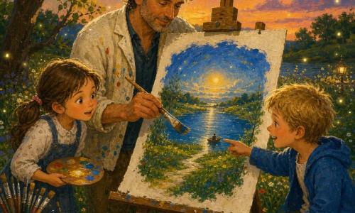 Un artist bărbat cu păr grizonat buclat, zâmbet blând și privire concentrată, purtând o vestă din in pătată de vopsea, ține o coală mare de hârtie texturată pe un șevalet și pictează cu o pensulă lată umezită; o fetiță de 7 ani cu părul ciufulit în două codițe și ochi mari uimiți stă în stânga lui ținând o paletă mică, iar un băiat de 8 ani cu păr scurt blond și geacă albastră stă pe un băncuță în dreapta și arată spre o barcă pictată râzând ușor; locul e un parc la amurg cu iarbă verde, copaci cu frunze rotunde și flori sălbatice, iar pe o masă de lemn sunt tuburi de vopsea și pensule; scena: artistul transformă o pată mare albastră în unui lac strălucitor cu un soare galben mic în centru, un drum verde plecând din pată duce la o barcă minusculă și licuricii albi scânteiază în jur, atmosfera e caldă, culorile saturate și se văd texturile pensulei și ale hârtiei.