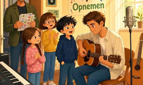 Een jonge man, Milan, vriendelijk en glimlachend, bruine korte haren, lichte blouse en jeans, zit op een houten stoel en speelt zacht gitaar; een jongen van circa 9 jaar, Sam, verlegen maar nieuwsgierig met zwarte warrige haren en handen in zijn zakken, staat dicht bij Milan en zingt zacht 