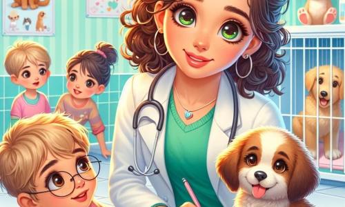 O veterinară zâmbitoare, Sofia, o femeie de aproximativ treizeci de ani cu părul creț și ochii strălucitori de bucurie, se apleacă cu blândețe spre un adorabil cățel numit Max, pe care îl examinează cu atenție. Poartă un halat alb, un stetoscop la gât, iar fața ei exprimă o profundă compasiune și determinare. Lângă ea, un băiat de 8 ani, Andrei, cu părul blond și ochelari rotunzi, observă cu atenție, având ochii mari de uimire. Ține în mâini un carnet de schițe, pregătit să deseneze ceea ce vede. Un pic mai departe, o fetiță de 7 ani, Mia, cu împletituri brune și un tricou colorat, se apropie timidă, fascinată de cățel și zâmbind entuziast. Scena se desfășoară într-o clinică veterinară luminoasă și primitoare, cu pereți vopsiți în verde pastel, afișe educaționale despre animale și cuști transparente care conțin animale în așteptarea îngrijirii. Jucării pentru animale sunt împrăștiate pe podea, adăugând o notă de veselie atmosferei. Sofia examinează cățelul Max, care pare puțin nervos, în timp ce Andrei și Mia îl observă cu curiozitate, nerăbdători să învețe cum să aibă grijă de animale. Este un moment de descoperire și învățare, unde pasiunea pentru animale și empatia se întâlnesc într-un cadru cald și prietenos.