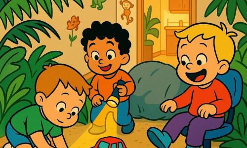 Hay tres niños de casi 2 años: Tomi, castaño claro y agachado a la izquierda, empuja un cochecito rojo por una rampa hecha con un libro; Leo, rizado y en el centro, sostiene una linterna amarilla que ilumina la 