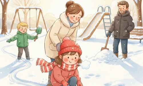 Bambina di 4 anni dal viso rotondo, guance rosate e naso leggermente luminoso, sorriso concentrato, con berretto rosso, grande sciarpa a righe e muffole, accovacciata con una pala blu mentre scava una piccola traccia nella neve; la mamma, capelli castani raccolti e cappotto crema, la guarda con sguardo benevolo e una mano sulla spalla; il papà, leggera barba e parka scuro, sorride tenendo una pala più grande accanto a un piccolo cumulo di neve; il bambino di circa 6 anni, Leo, biondo con anorak verde, entusiasteggia mostrando una lunga traccia a sinistra con la sua pala verde; parco invernale con neve fresca e tracce croccanti, altalena e panchina innevate, sole basso dorato e ombre lunghe; scena calda e pacifica, il respiro visibile della bambina e la sua fierezza dolce che esprimono perseveranza e sostegno familiare.