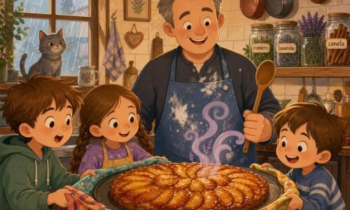 Un hombre llamado Mateo, de mediana edad, rostro redondo y sonriente, piel clara y cabello corto canoso, con un delantal azul manchado de harina, sostiene una cuchara grande de madera y vigila con calma una bandeja de manzanas caramelizadas; a su izquierda, un niño de unos 8 años, cabello castaño alborotado, sostiene el primer paño y mira la bandeja maravillado, junto a él una niña de unos 6 años, con el pelo largo trenzado, sonríe sujetando el segundo paño para estabilizar la bandeja, y al final de la cadena un niño de 5 años, pequeño y risueño, sostiene otro paño concentrado en no dejar caer la bandeja. Un gato gris de tejado está en la repisa junto a la ventana observando la escena. La cocina bajo el techo es pequeña y alta con vigas de madera, paredes de azulejos claros, cacerolas colgando, estantes con frascos etiquetados a mano 