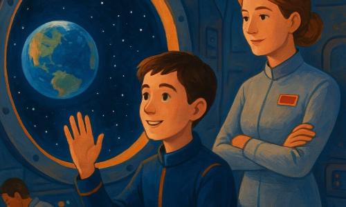 Um rapaz de ~13 anos sentado junto a um grande escotilha redonda, rosto sereno e maravilhado, mão no vidro como a tocar as estrelas, vestindo um uniforme espacial azul-marinho com detalhes laranja; a comandante Sara, ~38 anos, de pé ao lado com postura protetora, mãos cruzadas e olhar benevolente, uniforme cinza claro com distintivo de comando; o engenheiro Pedro, ~35 anos, ao fundo inclinado sobre um painel de controlo com botões coloridos e uma pena ou lata flutuante indicando microgravidade; interior de cabine espacial circular com superfícies metálicas foscas, painéis de botões redondos multicoloridos, cabos organizados, luzes azul profundo e laranja quente, grande escotilha mostrando a Terra azul e estrelas; cena calma e íntima, cores contrastantes (azul noite, laranja quente, toques de branco) com textura de gouache e pinceladas suaves.
