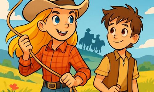 Uma jovem cowgirl, Lúcia, está no centro da imagem, com longos cabelos dourados ao vento e olhos azuis cheios de determinação. Ela usa um chapéu de cowboy bege, uma camisa xadrez vermelha e um jeans desgastado, segurando um laço com um sorriso confiante no rosto. Ao seu lado, Jake, um garoto de cerca de 12 anos, tem cabelos castanhos bagunçados e veste um colete de couro. Ele olha para Lúcia com admiração, pronto para ajudar. O cenário é uma vasta e ensolarada pradaria, salpicada de flores silvestres coloridas e colinas ondulantes ao longe, sob um céu azul claro com algumas nuvens brancas. A cena mostra Lúcia e Jake se preparando para enfrentar um grupo de Forasteiros, bandidos ameaçadores ao longe, montando cavalos escuros, cujas silhuetas se destacam no céu. A atmosfera é tensa, mas cheia de esperança, com uma leve brisa fazendo as altas ervas dançarem ao redor deles.