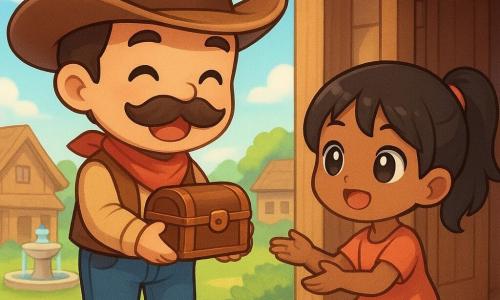 Un cowboy, Matei, cu o mustață mare și un zâmbet larg, poartă o pălărie de cowboy și cizme prăfuite. El ține o cutie mică de piele strâns la piept, exprimând o bucurie radiantă. Lângă el, o fată de 10 ani, Lucia, cu părul negru prins în coadă de cal și ochi sclipitori, privește cutia cu uimire. Ea stă pe pragul unei case de lemn. În fundal, un mic sat cu case din lemn și fântâni cu apă cristalină sub un cer albastru strălucitor. Scena principală îl arată pe Matei înmânând cutia Luciei, înconjurați de o atmosferă caldă și luminoasă, simbolizând promisiunea și speranța.