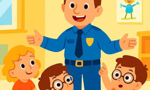 Ein Polizist namens Paul, lächelnd und freundlich, trägt eine große blaue Mütze und eine leuchtend blaue Uniform. Er steht in der Mitte, mit offenen Armen, bereit, mit den Kindern zu sprechen. Um ihn herum sitzen mehrere Kinder im Kreis. Ein 5-jähriges Mädchen mit lockigem, blondem Haar schaut Paul mit staunenden Augen an. Neben ihr hebt ein 6-jähriger Junge mit Brille und braunen Haaren die Hand, um eine Frage zu stellen. Die Szene spielt in einem hellen Klassenzimmer mit bunten Wänden, Kinderzeichnungen an den Wänden und verstreuten Spielzeugen auf dem Boden. Paul erklärt den Kindern, was ein Polizist macht, mit einem breiten Lächeln und lebhaften Gesten, während die Kinder aufmerksam zuhören, fasziniert von seiner Geschichte.