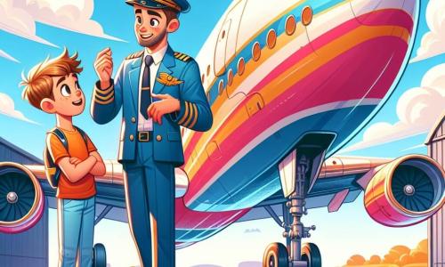 A man, Captain Jack Skylar, stands next to his shiny airplane, wearing a broad smile and sparkling eyes full of excitement. He is dressed in a pristine pilot uniform, complete with a cap adorned with a golden insignia. Beside him is a 10-year-old boy named Ethan, with brown hair and wide eyes, looking in awe at the airplane, hands on his hips, full of enthusiasm. The scene takes place on a sunny airport tarmac, surrounded by metal hangars and fluffy white clouds in a bright blue sky. The airplane, a large aircraft in vibrant colors, shines in the sun, with majestic wings ready for takeoff. The main situation shows Captain Jack explaining the different parts of the airplane to Ethan, who listens attentively, eyes sparkling with admiration. The two characters share a moment of connection, surrounded by the vibrant energy of the airport.