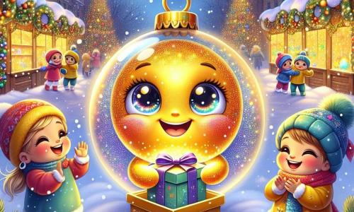 Un glob de Crăciun numit Bănuț, cu un zâmbet radiant și ochi strălucitori, se află în centrul imaginii, ținând o cutie mică aurie plină de stele strălucitoare. Este înconjurat de fulgi de zăpadă care cad ușor în jurul lui, exprimând o bucurie contagioasă. La stânga sa, o brățară colorată cu motive strălucitoare zâmbește și îl încurajează, iar ochii săi strălucesc de entuziasm. La dreapta, Culoarea, un glob de Crăciun în culori vii, aplaudă cu entuziasm, cu brațele ridicate, împărtășind bucuria momentului. Decorul este un târg de Crăciun feeric, cu standuri decorate cu ghirlande luminoase, brazi împodobiți cu globuri colorate și copii jucându-se în zăpadă. Scena este luminată de o lumină caldă și blândă, evocând spiritul Crăciunului. În prim-plan, Bănuț, cu cutia sa prețioasă, este pe punctul de a face o surpriză magică pentru cea mai bună prietenă, Steaua, în timp ce stelele strălucitoare din cer adaugă o notă de magie întregii scene.