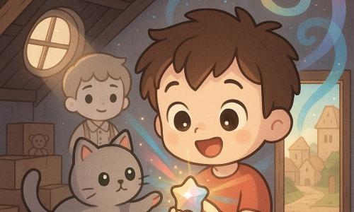 A 6-year-old boy with a round face, tousled brown hair, big bright eyes and a surprised smile holds a small shining starstone that emits iridescent light illuminating his face, standing in awe; a gray soft-furred cat named Whiskers with round green eyes perches on a crate beside him with a paw raised toward the stone; a boy called Timmy, about 6, in old-fashioned clothes (simple beige shirt and suspenders) appears slightly translucent behind a circle of light with a friendly, curious expression near an open door showing an ancient village; the setting is a dusty attic with dark wooden beams, boxes, old toys and a round window with a beam of light; swirls of blue, pink and gold colors spiral from the stone to form a portal — a magical moment as the starstone activates a colorful vortex revealing a portal to the past, composition centered on the boy holding the stone, soft mood, vivid pastel colors, simple textures and rounded shapes in a minimal kawaii style with warm lighting and soft contrasts.