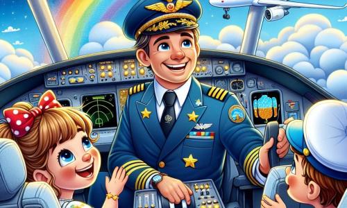 Een man, meneer Jan, is een glimlachende piloot in een blauw uniform met gouden sterren, een elegante pet en een stropdas. Hij zit in de cockpit van zijn grote witte vliegtuig, de Grote Vogel, met opgewonden ogen terwijl hij vastberaden de bedieningselementen aanpast. Naast hem kijkt een meisje van ongeveer 8 jaar in een mooie bloemenjurk met een rode strik in het haar door het raam, verwonderd, terwijl ze met haar vinger naar een prachtige regenboog in de lucht wijst. Een jongen van 7 jaar, met een pilotenpet en een blauwe t-shirt, zit op de achterbank met zijn handen op zijn knieën en zijn ogen wijd open van blijdschap, terwijl hij naar de wattenachtige wolken kijkt. De scène speelt zich af in de cockpit van een vliegtuig, vol met kleurrijke knoppen en heldere schermen, met pluizige wolken en een stralende blauwe lucht buiten. De hoofdactie toont meneer Jan, de piloot, die zijn vliegtuig door een zonnige lucht bestuurt, terwijl de kinderen aan boord zich verwonderen over de schoonheid van de wolken en een grote regenboog die aan de horizon verschijnt.