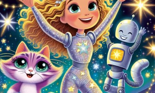 No centro da imagem, a Dr. Lila, uma mulher de cabelos cacheados e dourados, usa um traje espacial brilhante que cintila como estrelas. Ela tem um grande sorriso de admiração no rosto, com os olhos brilhando de alegria enquanto observa as estrelas dançantes ao seu redor. À sua direita, Robô Tico, um robô amistoso de cor prateada, tem uma forma arredondada e olhos luminosos. Ele levanta os braços para o alto, como se quisesse dançar com as estrelas, exibindo uma expressão alegre. À sua esquerda, Gato Cósmico, um gato de pelos roxos e olhos verdes cintilantes, faz uma pirueta no ar, seu rosto radiante de felicidade. O cenário é um vasto espaço, com estrelas cintilantes e uma anomalia luminosa onde as estrelas dançam e brilham intensamente, criando uma atmosfera mágica. A cena principal mostra Dr. Lila, Robô Tico e Gato Cósmico descobrindo a dança das estrelas, maravilhados com a beleza do espetáculo cósmico ao seu redor, compartilhando um momento de alegria e aventura juntos.
