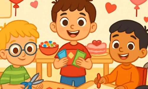 Há 3 personagens: - Miguel: um garoto de 6 anos, com cabelos castanhos e olhos brilhantes. Ele usa uma camiseta vermelha com um coração desenhado e um short azul. Ele está em pé no centro, sorrindo e segurando cartões coloridos nas mãos. - Pedro: um garoto de 6 anos, com cabelos loiros bagunçados e óculos redondos. Ele veste uma camisa listrada verde e calças beiges. Ele está à esquerda de Miguel, cortando papéis coloridos com tesouras. - João: um garoto de 6 anos, com cabelos pretos e um sorriso caloroso. Ele está em uma cadeira de rodas vermelha, à direita de Miguel, desenhando corações em um grande papel com lápis de cor. O local é uma sala de aula decorada para a festa de Dia dos Namorados. As paredes estão enfeitadas com guirlandas de corações de papel, e uma grande mesa está cheia de doces coloridos, bolos em forma de coração e balões rosa e vermelho flutuando no teto. A cena principal mostra os três amigos se preparando para a festa, cercados de risos e alegria, cada um se dedicando a criar cartões e decorações, com uma atmosfera festiva e calorosa que ilumina o ambiente.