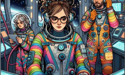 No primeiro plano, Lúcia, uma mulher de 28 anos com cabelos castanho claro em um coque desordenado, usa um traje espacial brilhante e colorido. Seu rosto expressa uma determinação intensa, com os olhos brilhando de excitação enquanto examina circuitos luminosos em um painel de controle. Ao seu lado, Téo, um homem de 30 anos com cabelos negros bagunçados e um sorriso travesso, segura um jetpack em uma mão enquanto aponta para uma tela de controle. Ele está vestido com um traje espacial azul e seu olhar está cheio de entusiasmo. Ao fundo, Mia, uma jovem de 25 anos com cabelos loiros trançados e óculos, observa dados em um tablet, com uma expressão concentrada. Ela também usa um traje espacial, mas com padrões florais que adicionam um toque de cor. A cena ocorre dentro da estação espacial Estrela Brilhante, um lugar futurista com paredes de metal prateado e janelas panorâmicas que oferecem uma vista espetacular do espaço estrelado. Luzes piscando e telas digitais acrescentam uma atmosfera tecnológica. A situação principal mostra Lúcia e sua equipe resolvendo um problema urgente na estação, com ferramentas espalhadas ao redor, enquanto trabalham juntos para consertar um painel de energia defeituoso, ilustrando o espírito de equipe e a aventura espacial.