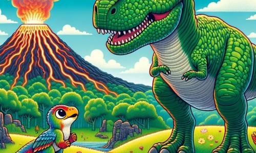 Un Tyrannosaure Rex, mare și măreț, cu o piele verde și solzi strălucitori, stă pe vârful unei coline, cu ochii strălucind de curiozitate și bucurie. El privește cu entuziasm un vulcan fumegând din apropiere, unde fluxuri de lavă roșie se târăsc pe pante. Lângă el, un velociraptor numit Velo, mic și agil, cu pene colorate și o coadă lungă, sare de bucurie, fața lui exprimând excitație și uimire. Peisajul din jur este o vastă pajiște verde, presărată cu flori colorate, cu copaci uriași și stânci vulcanice, creând un decor vibrant și dinamic. Scena îi arată pe Rex și Velo admirând împreună frumusețea vulcanului, pregătiți să trăiască o nouă aventură.