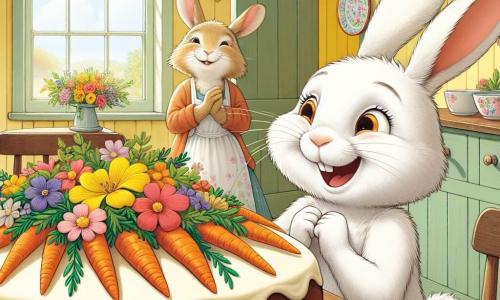Un giovane coniglio bianco di nome Benny, con un pelo morbido e occhi scintillanti di gioia, si trova al centro della scena, sorridendo ampiamente mentre tiene un grande piatto di torta di carote decorato con fiori colorati. È pieno di eccitazione e amore, pronto a sorprendere la sua mamma. Accanto a lui, la mamma coniglio, la dolce Madame Coniglia, con il pelo marrone chiaro e orecchie lunghe e pendenti, sta per entrare nella stanza. Ha uno sguardo sorpreso ed emozionato, i suoi occhi brillano di felicità nel vedere la sorpresa che le ha preparato il figlio. La scena si svolge in una cucina calda e accogliente, con pareti dipinte di giallo pastello, finestre che lasciano entrare la luce del sole e un grande tavolo di legno adornato con fiori freschi e deliziosi cibi. Benny, nascosto dietro il divano, grida "Sorpresa!" mentre la mamma entra, creando un momento di gioia e tenerezza che celebra l'amore tra un figlio e sua madre per la festa della mamma.