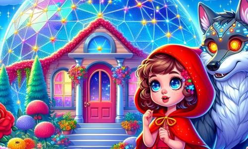 Caperucita Roja, una niña de unos 8 años con cabello rizado y mejillas sonrosadas, lleva una capa roja brillante adornada con pequeñas estrellas centelleantes. Muestra una expresión de curiosidad y asombro mientras está frente a la puerta de la casa de su abuela, lista para entrar. A su lado, el lobo cibernético, un personaje de rasgos futuristas con ojos brillantes y circuitos luminosos en su pelaje gris, se mantiene un poco atrás, sonriendo amablemente. Parece un joven adulto de unos 20 años y mira a Caperucita con benevolencia. La escena tiene lugar frente a una casa en forma de cúpula de cristal, rodeada de flores coloridas y árboles de hojas brillantes, bajo un cielo azul con nubes esponjosas. La casa brilla al sol, reflejando colores vivos y creando una atmósfera cálida. La situación principal muestra a Caperucita Roja a punto de abrir la puerta de la casa de su abuela, mientras el lobo cibernético la anima con un gesto amistoso, simbolizando su nueva amistad y la idea de que las apariencias pueden ser engañosas.